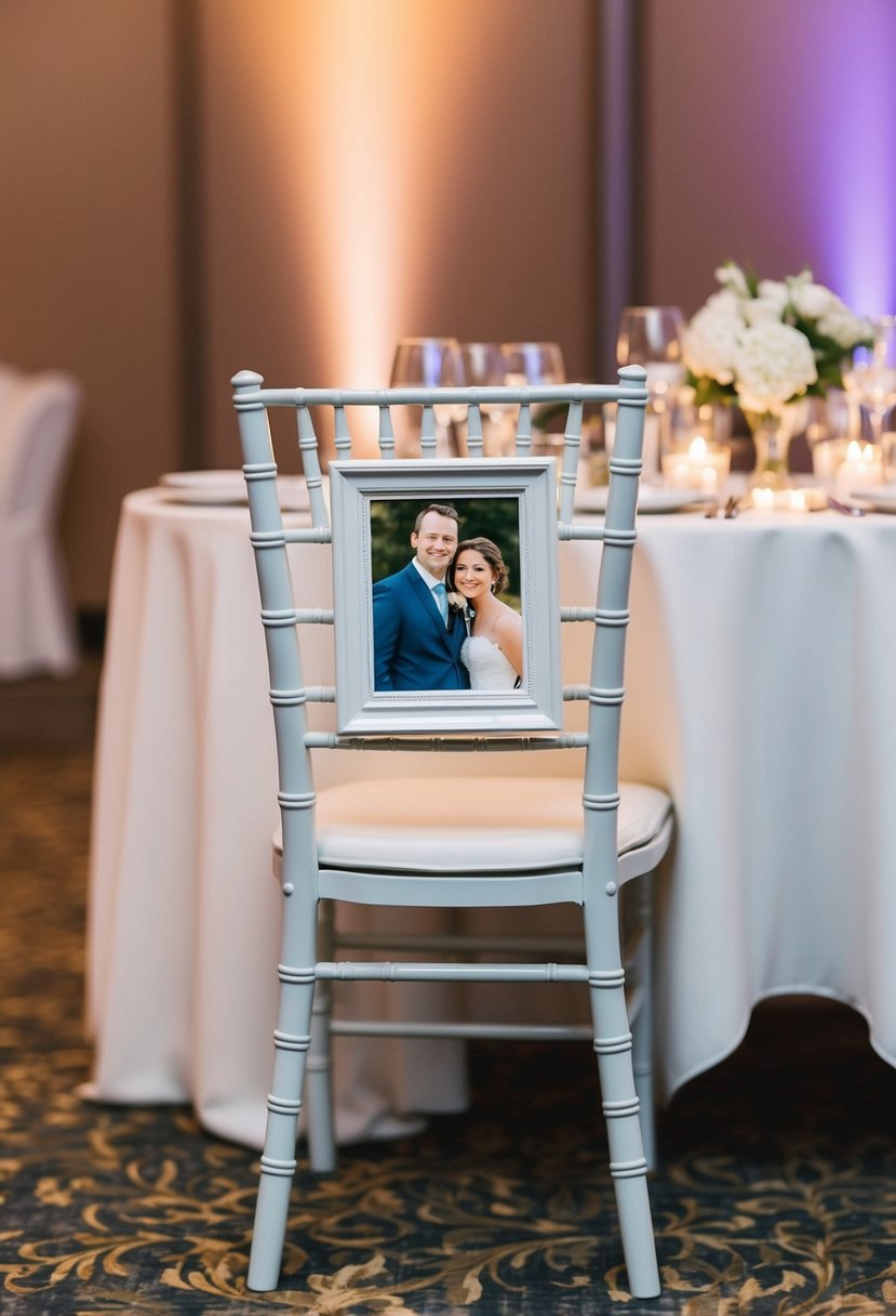 A single empty chair with a framed photo of a loved one at a wedding reception