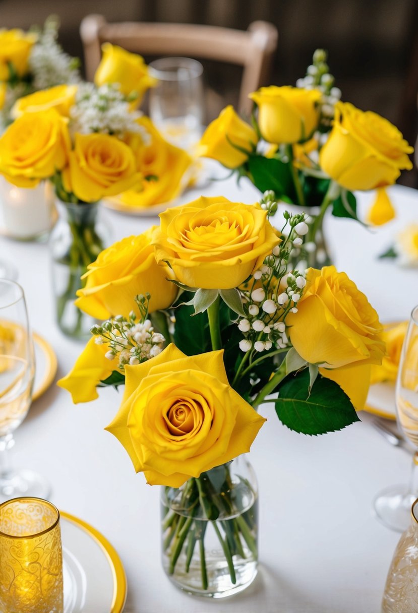 A table adorned with yellow rose boutonnieres and other yellow wedding decor