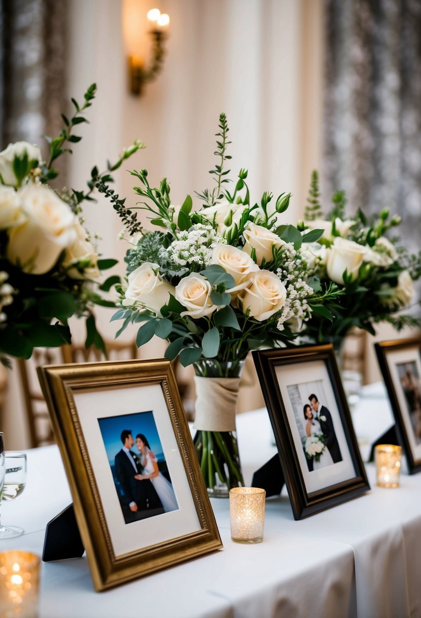 A table adorned with framed photos and bouquets of flowers, serving as a wedding memorial