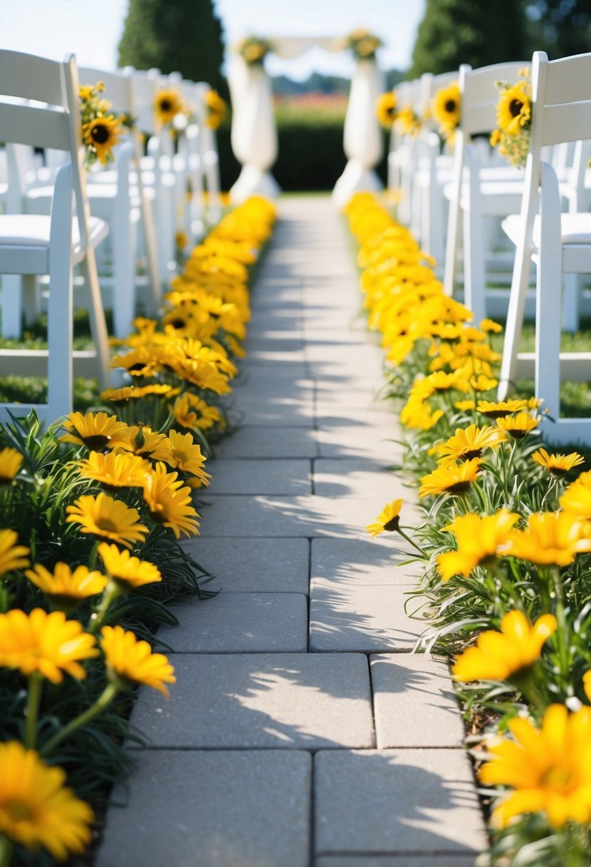 A sunlit pathway lined with vibrant yellow daisies, leading to a serene ceremony space