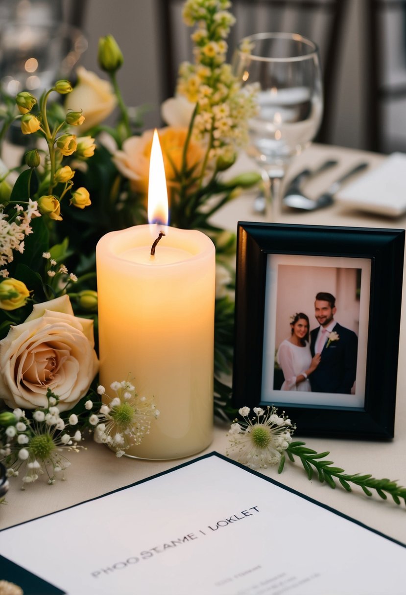 A single lit candle surrounded by delicate flowers and a small framed photo, placed on a table with a blank program booklet