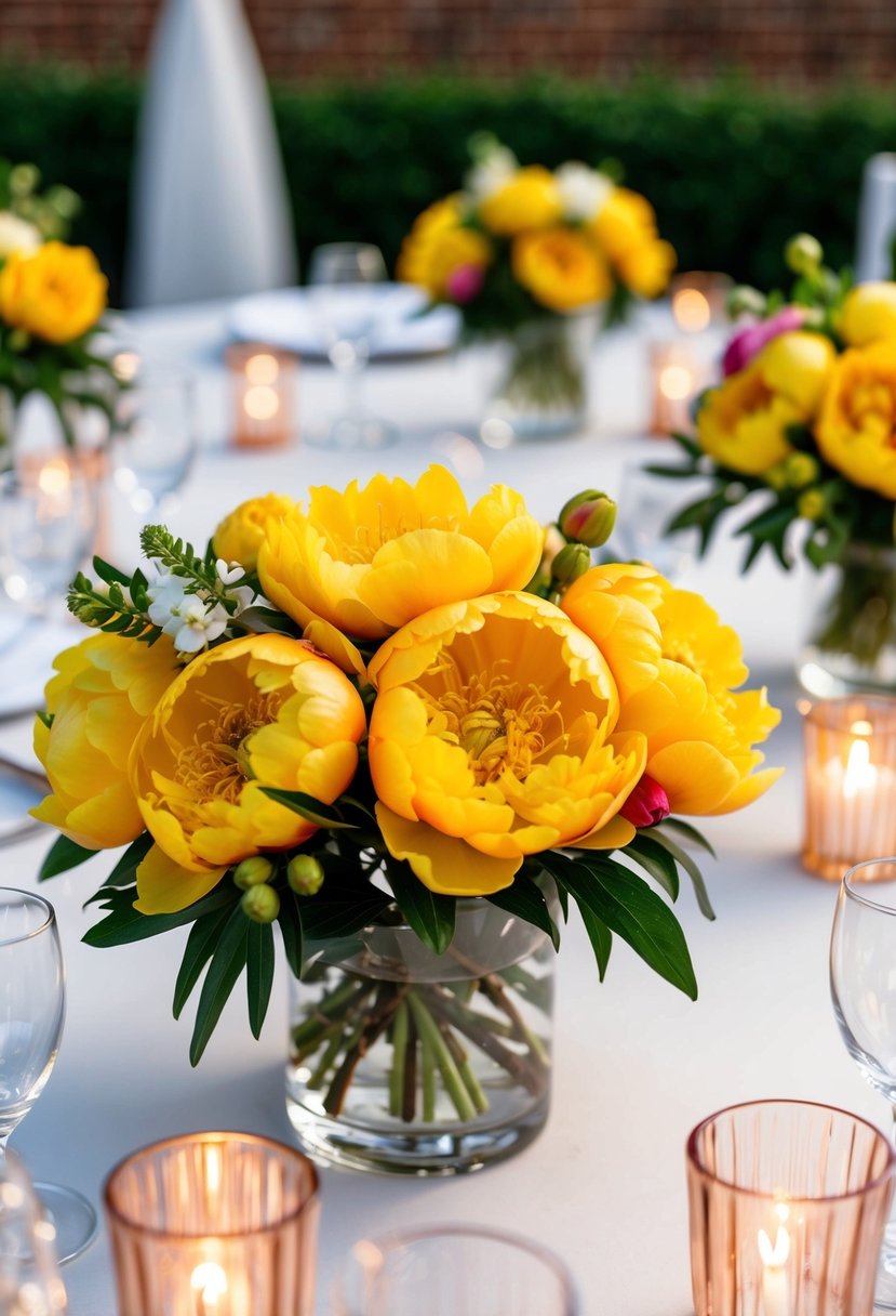 A table adorned with vibrant yellow peony floral arrangements for a wedding