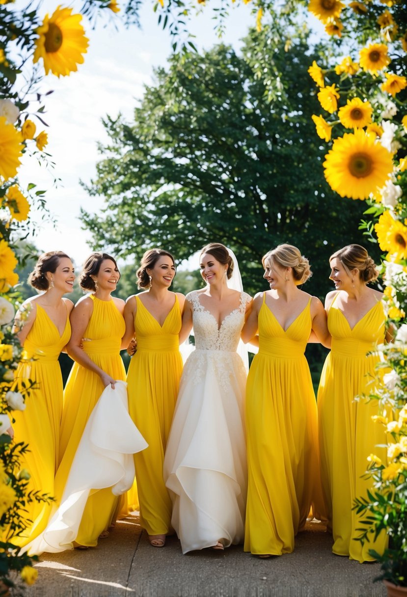 A sunny outdoor wedding with bridesmaids in flowing yellow dresses, surrounded by bright yellow flowers and decorations