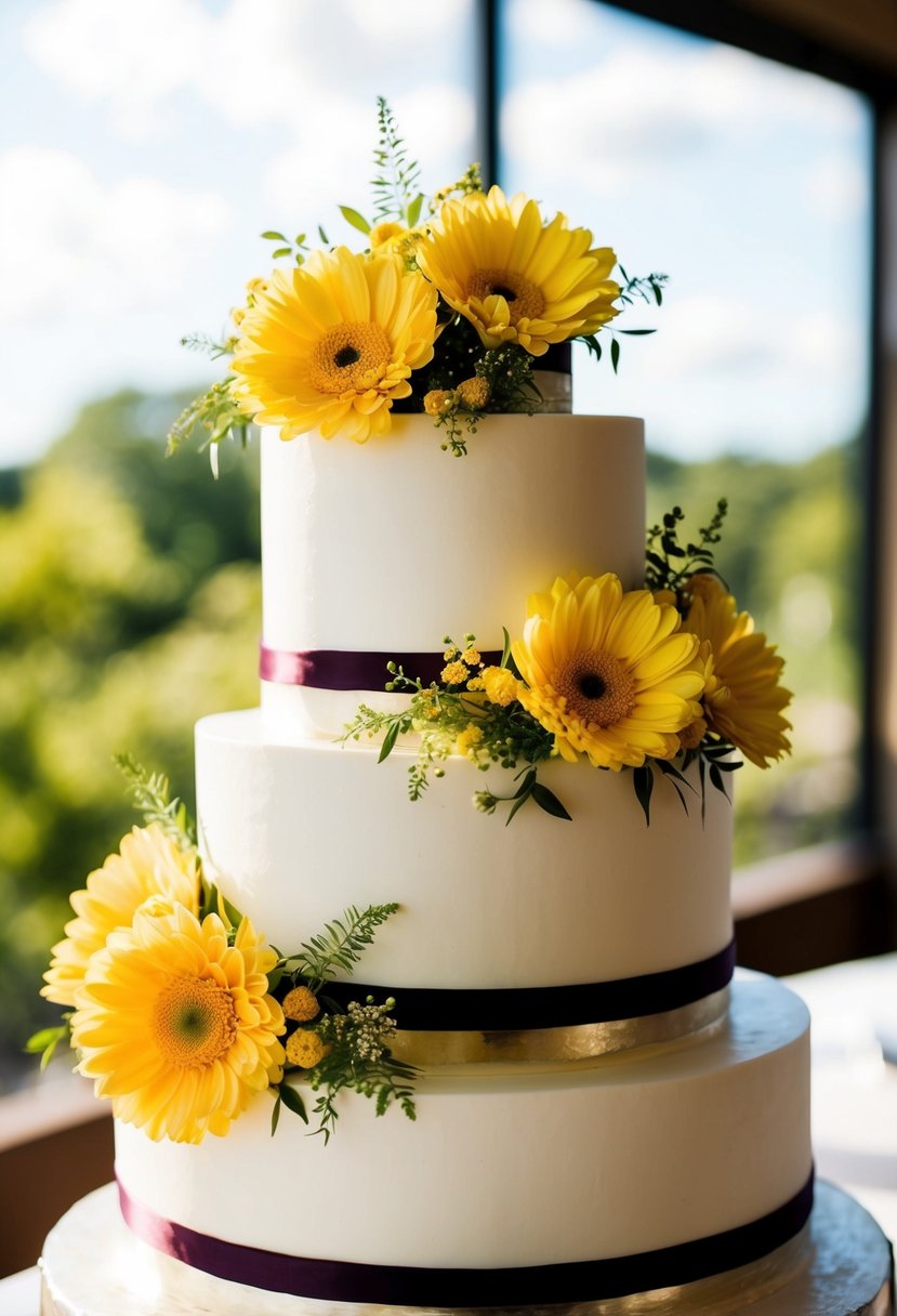 A tiered wedding cake topped with sunny yellow floral decorations