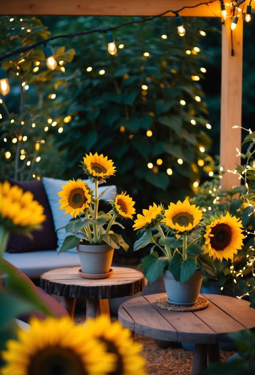 A cozy outdoor garden setting with warm yellow lighting, surrounded by blooming sunflowers and twinkling fairy lights