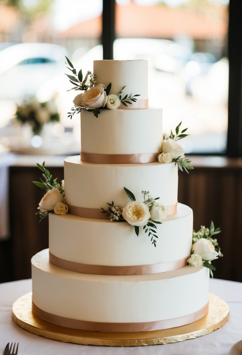 A three-tiered wedding cake adorned with simple floral decorations