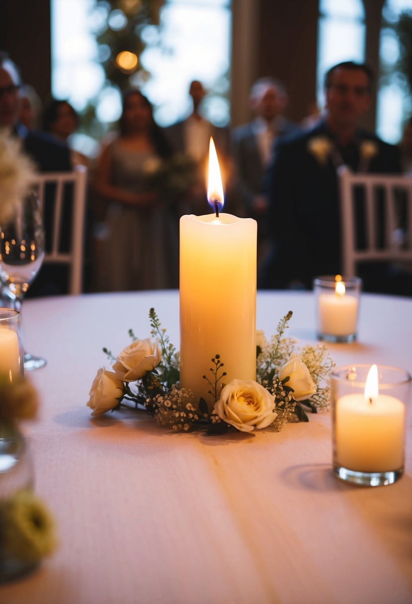 A single lit candle stands on a table, surrounded by delicate flowers and softly glowing in the dim light of the ceremony