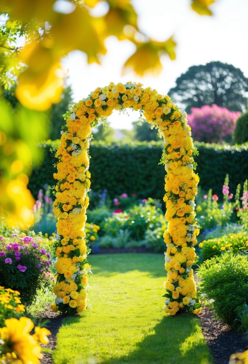 A lush yellow floral archway stands as a focal point in a sunlit garden, surrounded by vibrant blooms and greenery