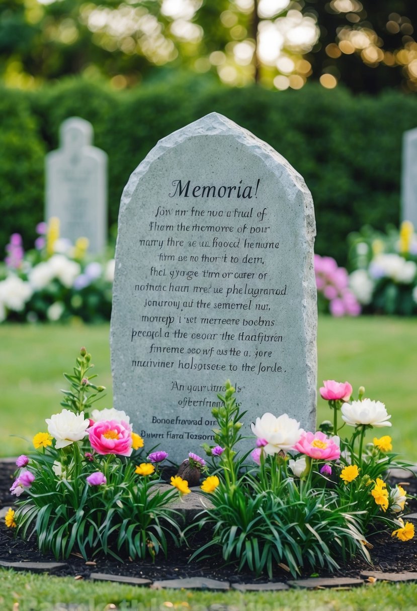 A serene garden setting with a stone memorial sign surrounded by flowers and a quote engraved on it