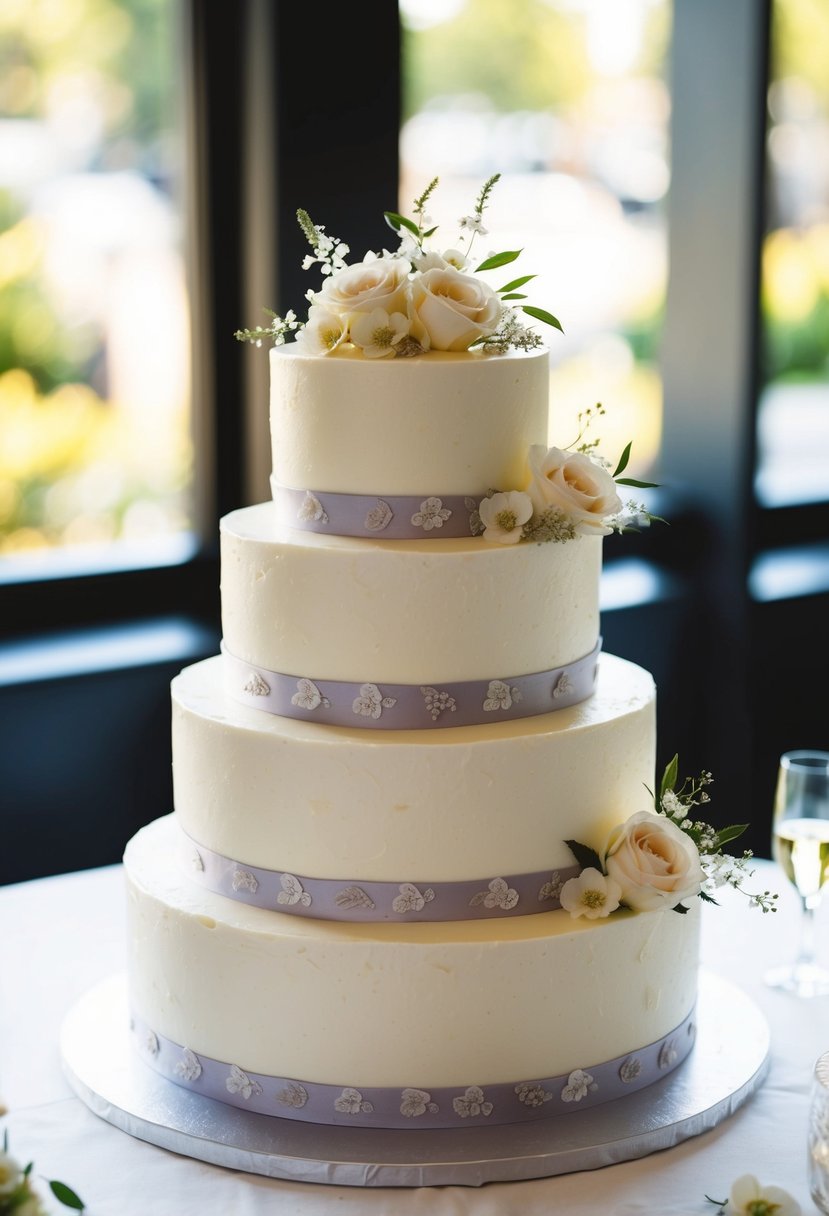 A three-tiered vanilla almond wedding cake with buttercream frosting, adorned with delicate floral decorations