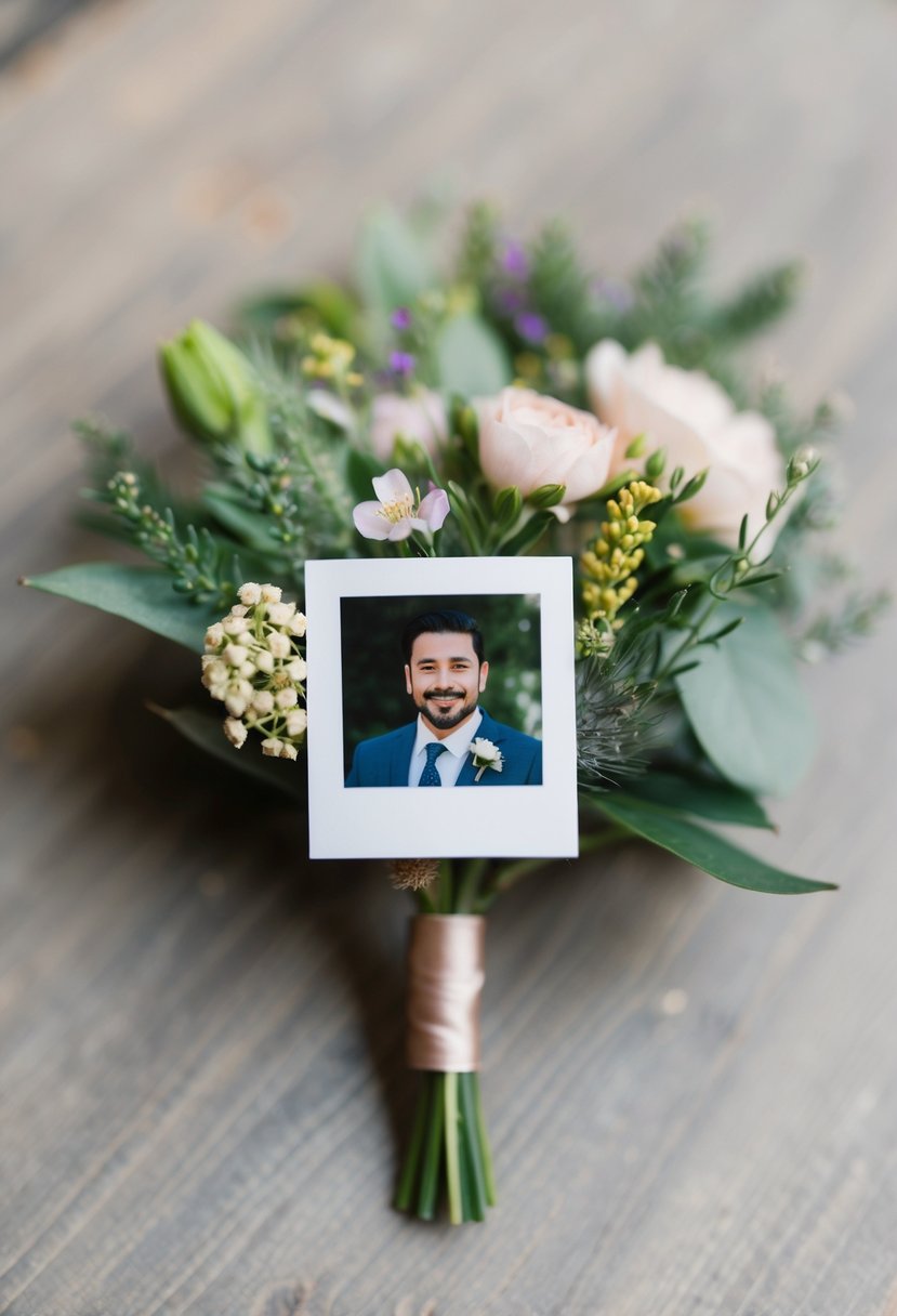 A boutonniere with a small photo of a cherished person, surrounded by delicate flowers and greenery