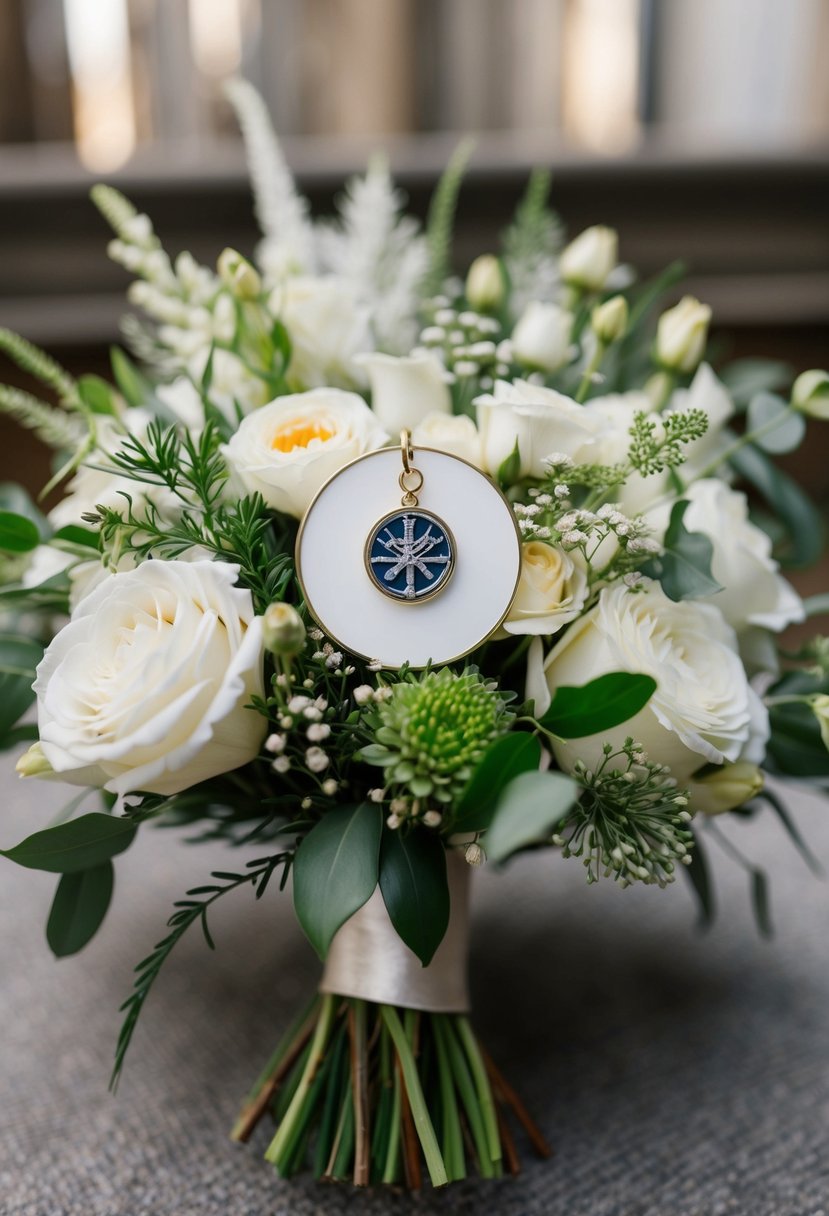 A bridal bouquet with a delicate charm featuring a small memorial symbol, surrounded by elegant flowers and greenery