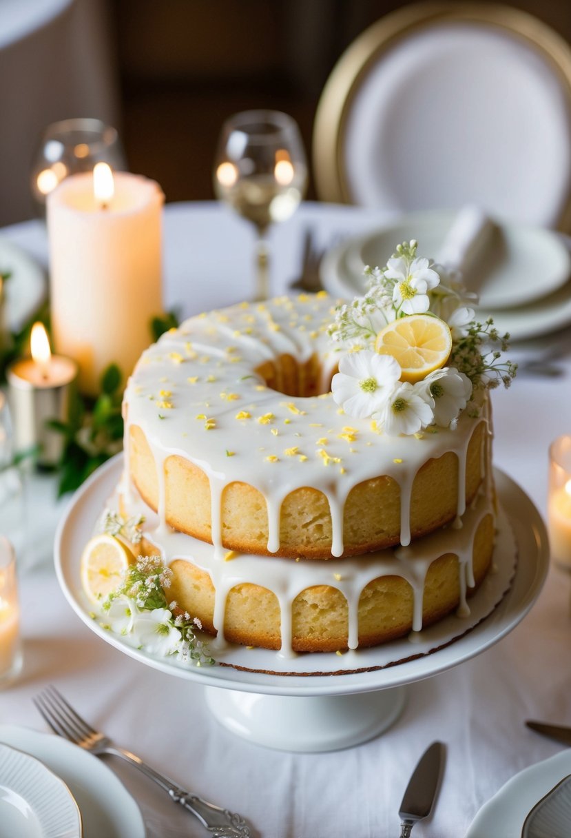 A lemon drizzle cake adorned with delicate white flowers sits on a tiered cake stand, surrounded by soft candlelight and elegant table settings