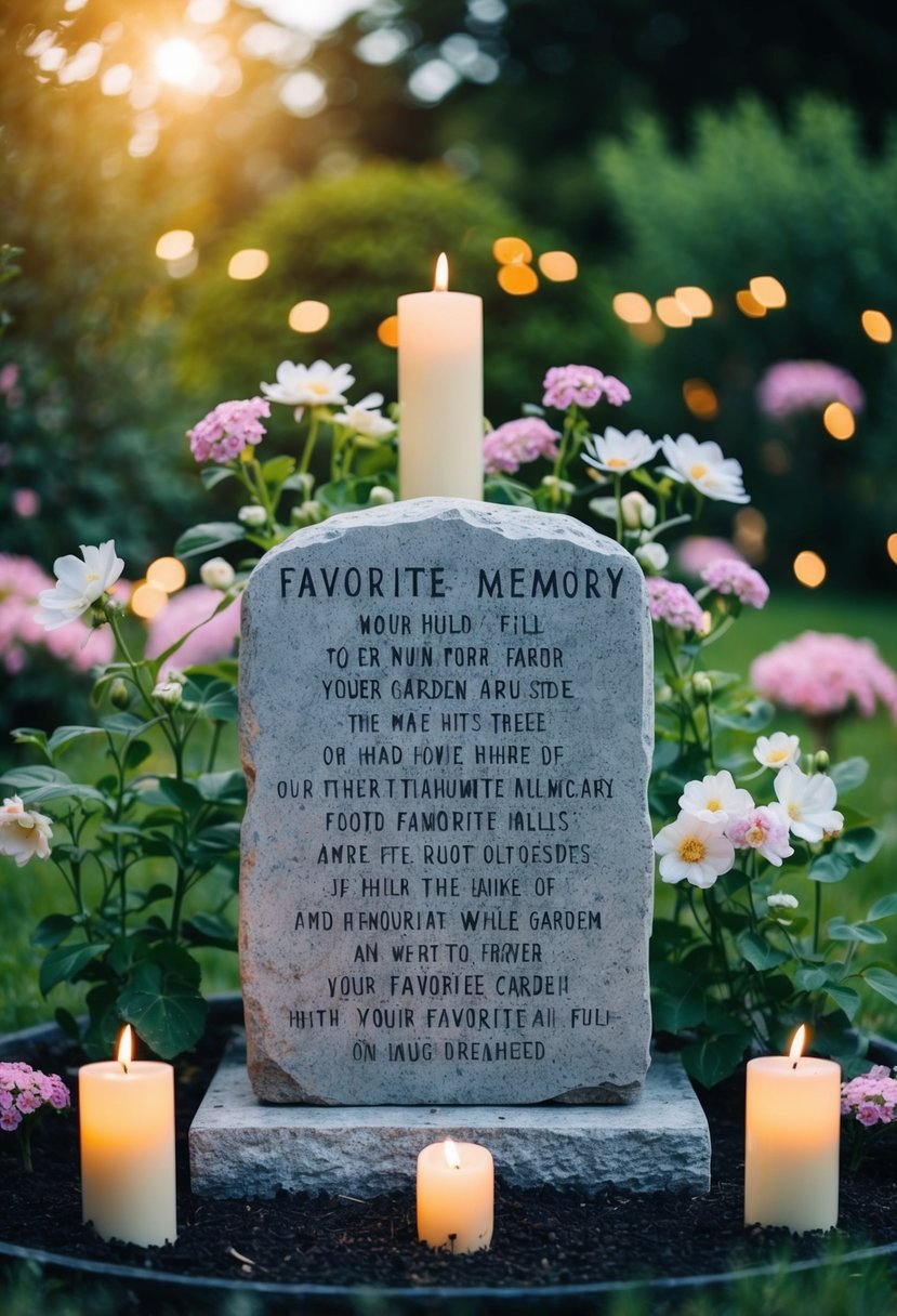 A tranquil garden with a stone memorial inscribed with a favorite poem, surrounded by blooming flowers and flickering candles