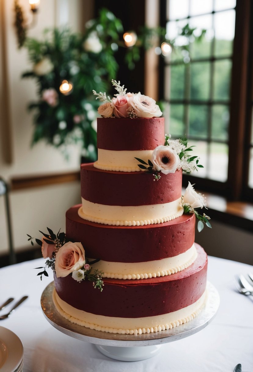 A three-tiered red velvet wedding cake with cream cheese frosting, adorned with delicate floral decorations