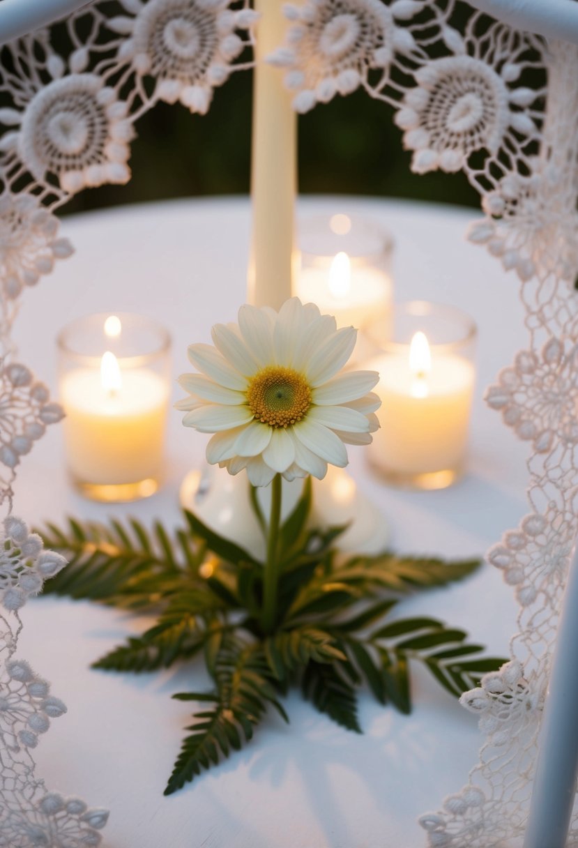 A single flower placed on a wedding memorial table, surrounded by soft candlelight and framed by delicate lace