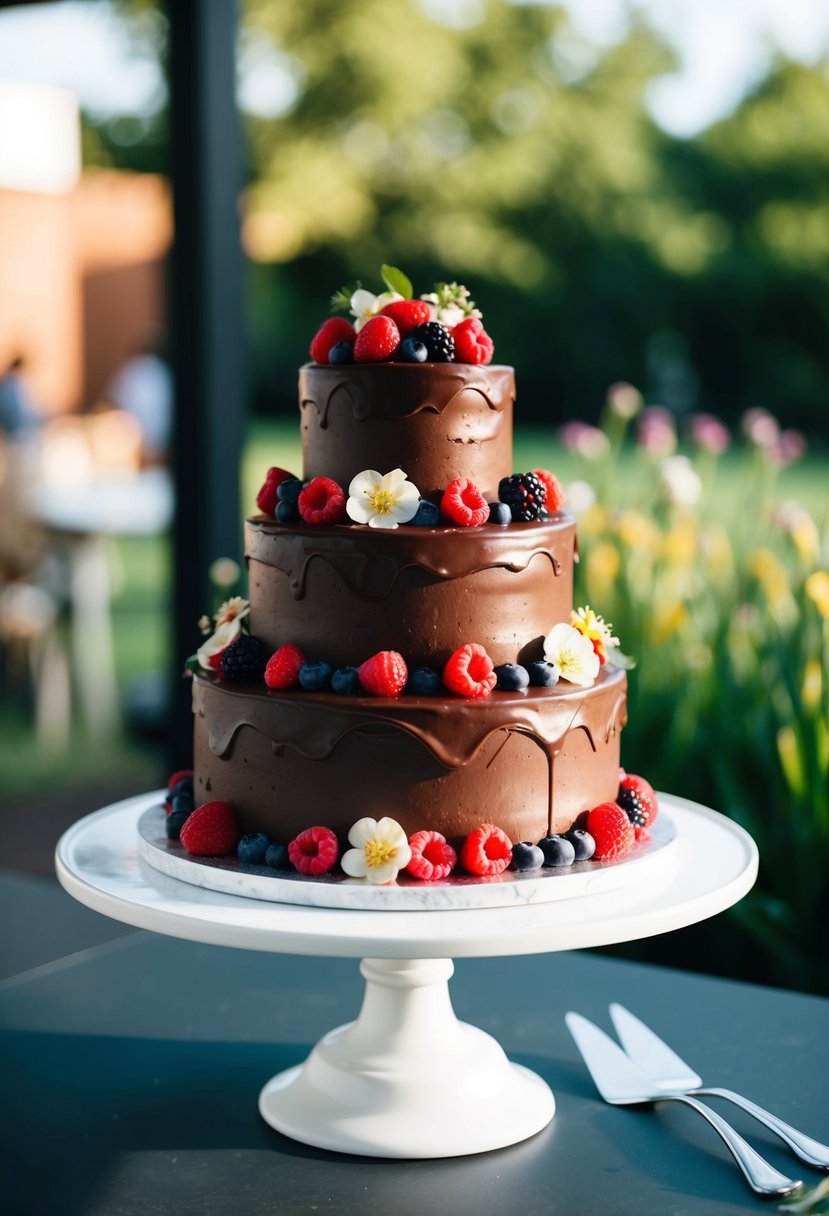 A three-tier chocolate ganache cake adorned with fresh berries and edible flowers sits on a white pedestal stand