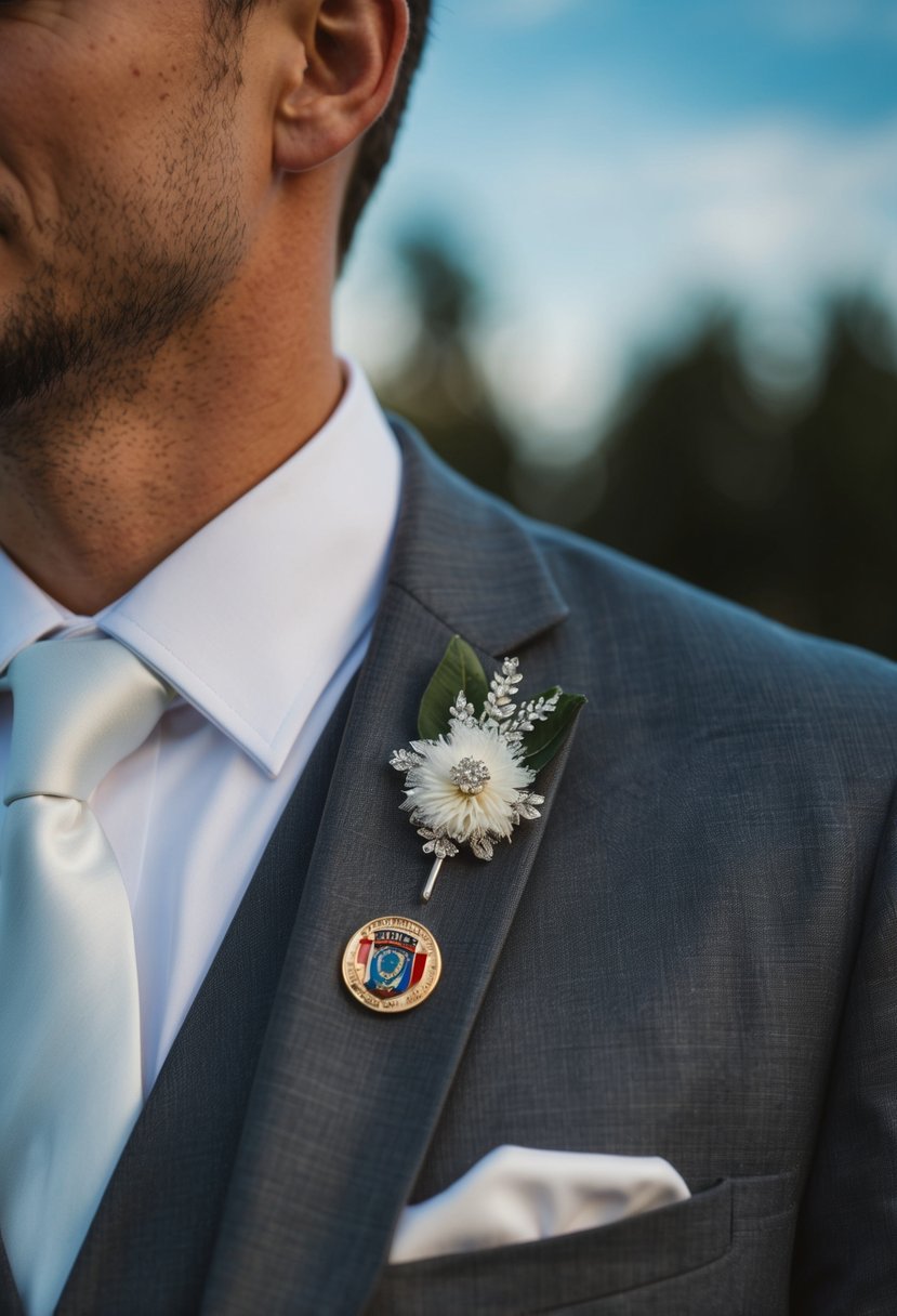 A wedding outfit with a small memorial pin attached to the lapel