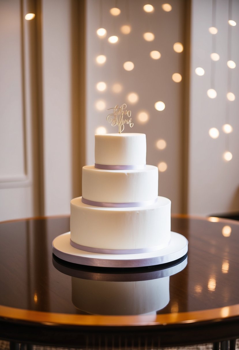 A three-tiered white wedding cake with minimal decoration sits on a polished wooden table