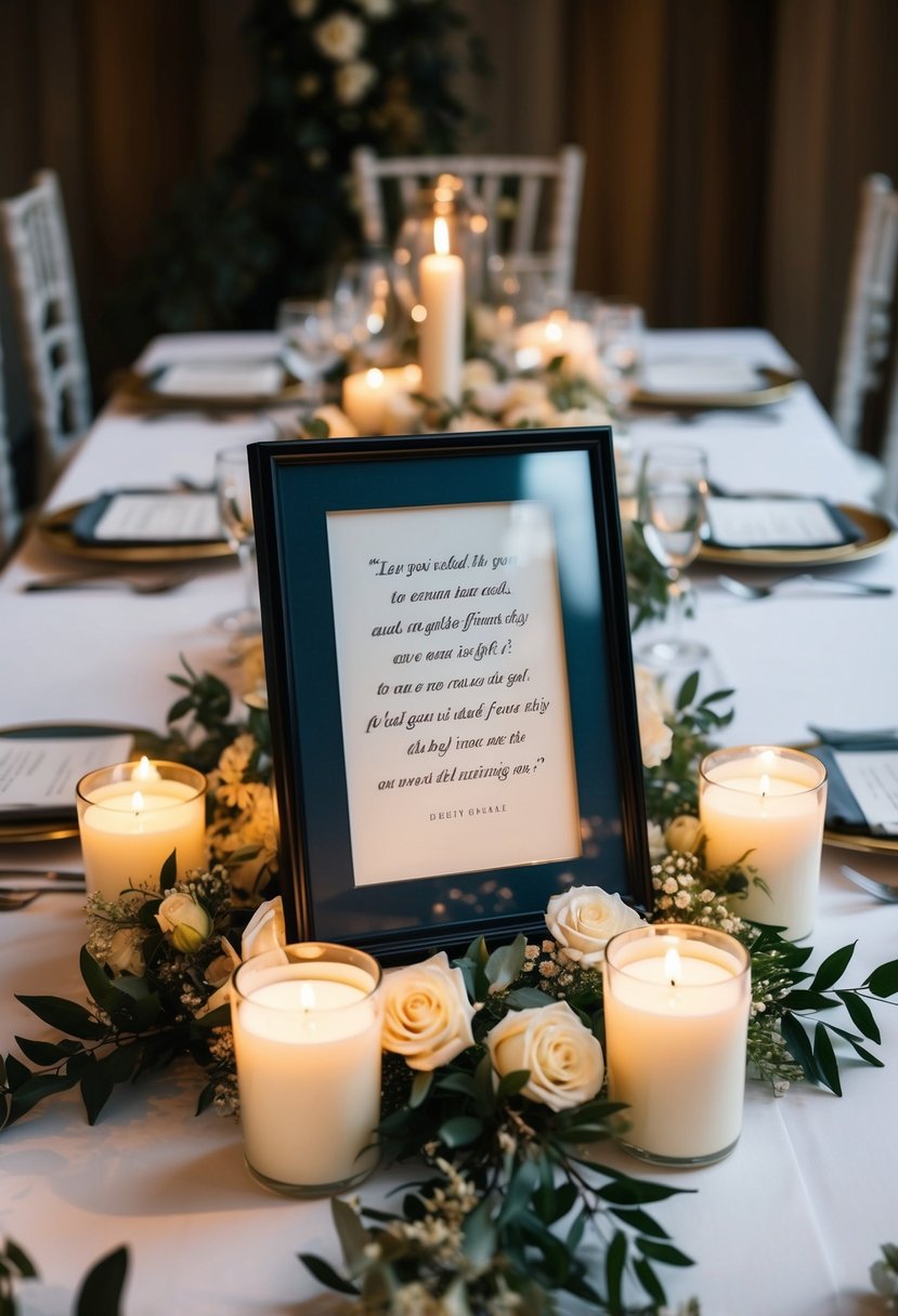 A table set with a framed remembrance quote surrounded by candles and flowers, creating a solemn yet beautiful wedding memorial display