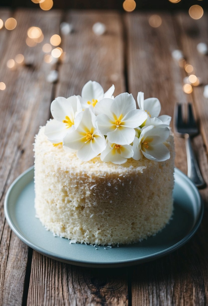 A coconut cream cake adorned with delicate white flowers on a rustic wooden table