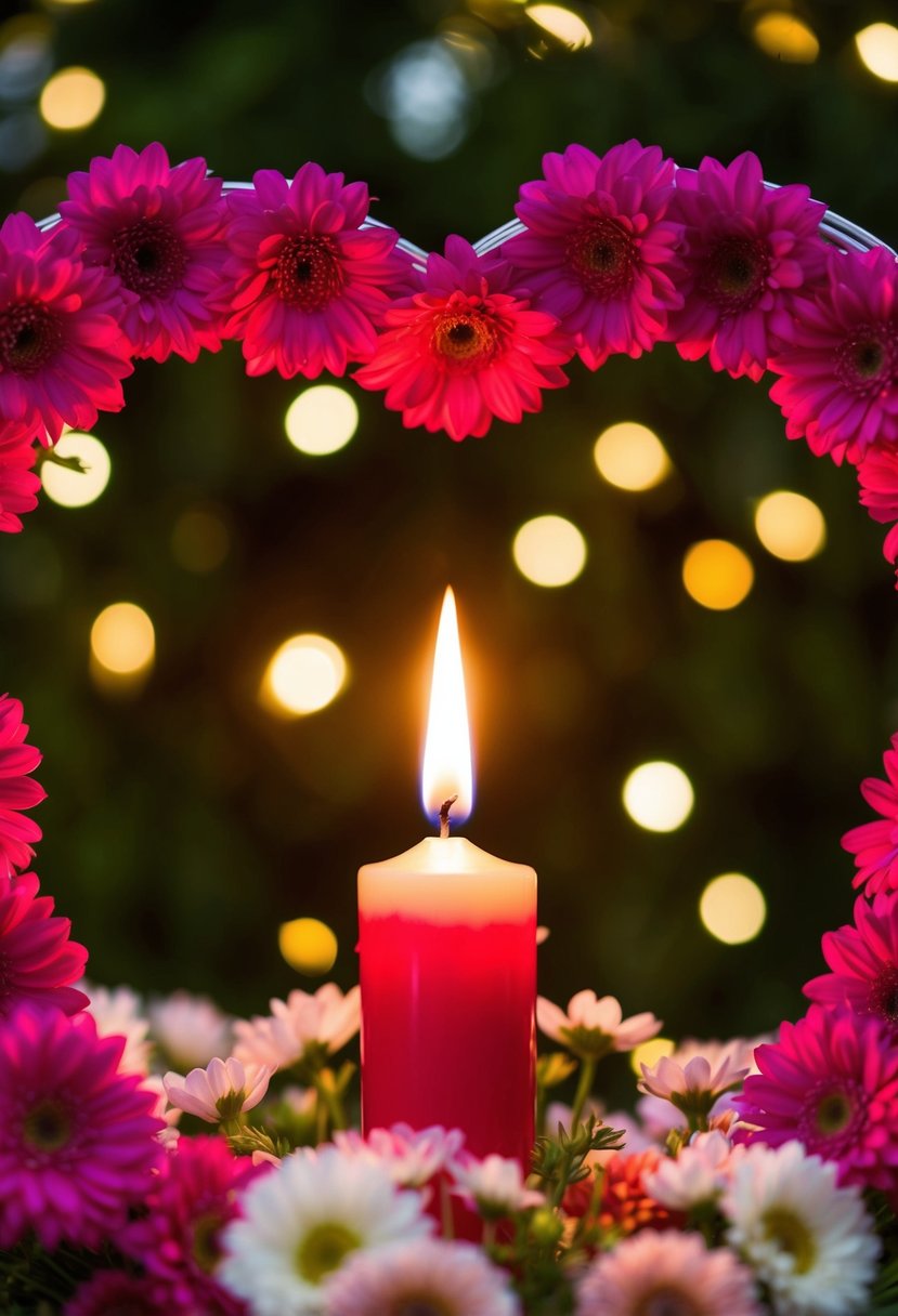 A single lit candle surrounded by flowers and framed by a heart-shaped wreath