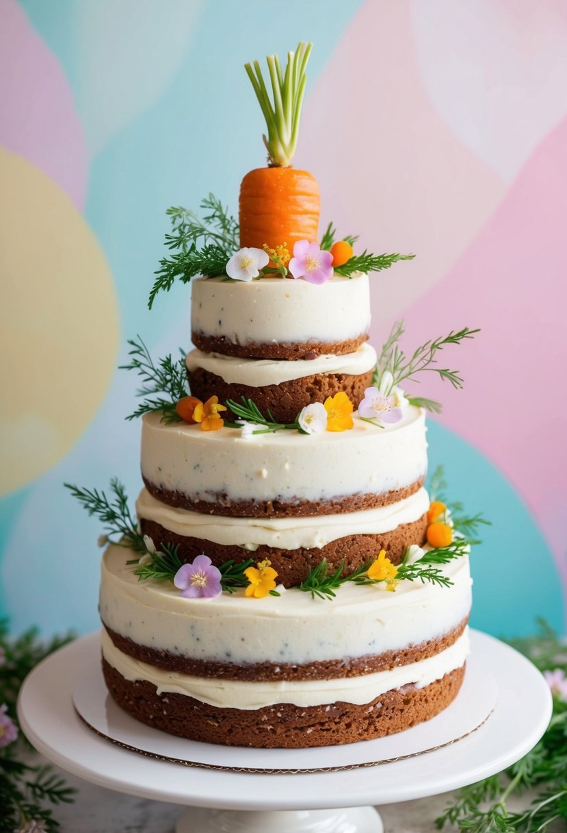 A three-tiered carrot cake with cream cheese icing adorned with delicate edible flowers and greenery, set against a backdrop of soft pastel hues