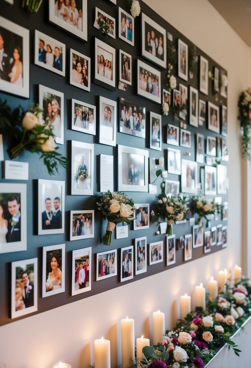 A wall adorned with wedding and memorial photos, flowers, and candles