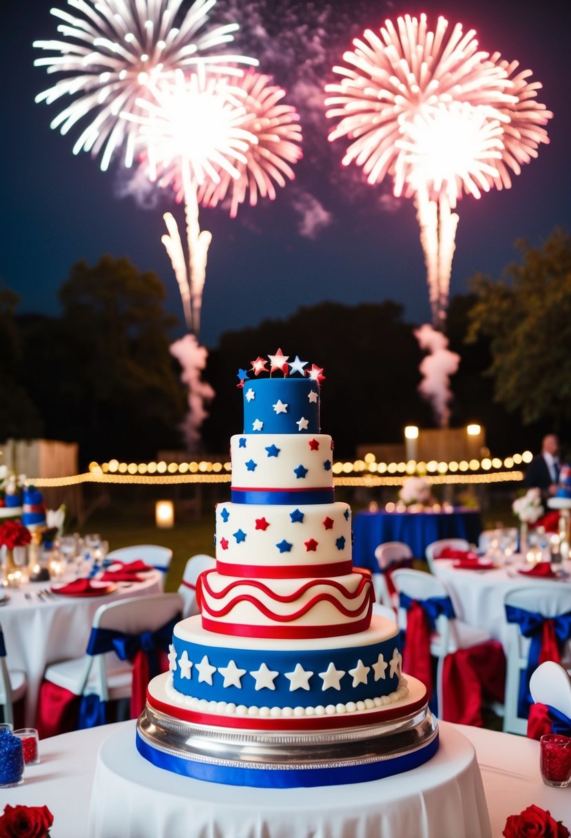 A festive outdoor wedding with red, white, and blue decor, fireworks in the night sky, and a beautiful cake adorned with stars and stripes