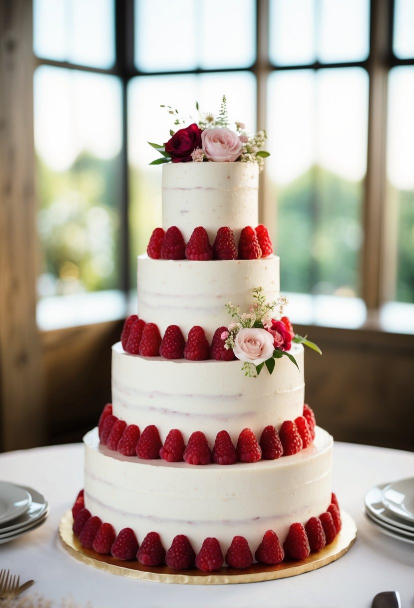 A three-tiered raspberry layer cake adorned with delicate floral decorations