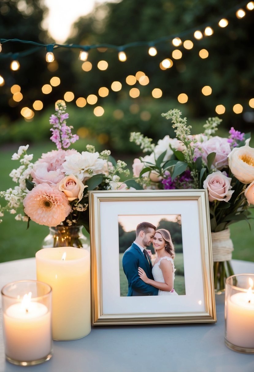 A serene outdoor setting with flowers, candles, and a framed photo of the couple, surrounded by twinkling lights and a soft, romantic atmosphere