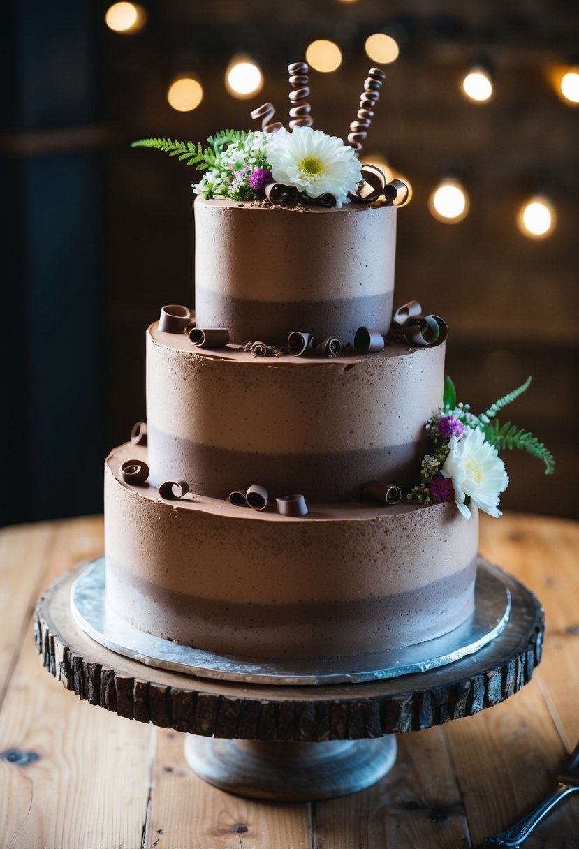 A three-tiered mocha espresso cake adorned with delicate chocolate curls and fresh flowers, displayed on a rustic wooden cake stand