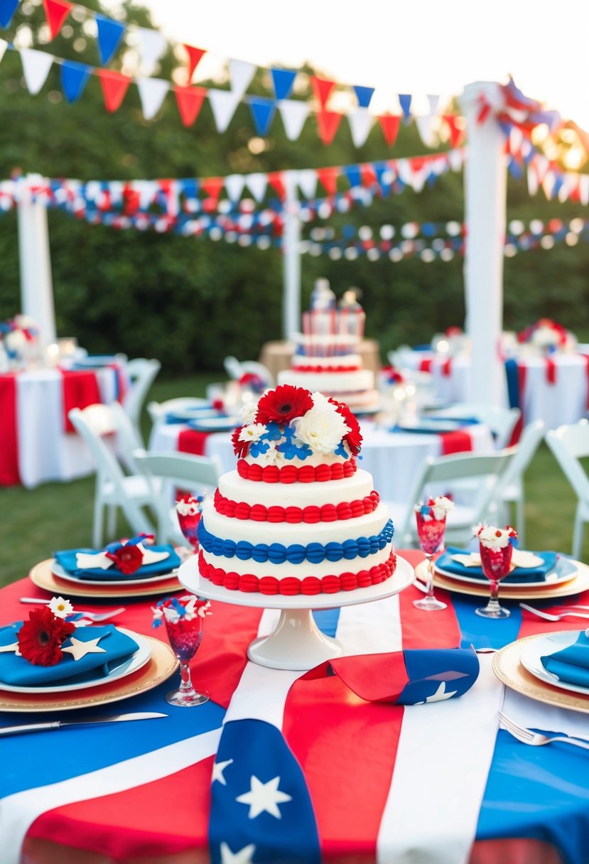 A festive outdoor wedding reception with red, white, and blue decor, including table settings, flowers, and bunting. A patriotic-themed cake sits on a dessert table