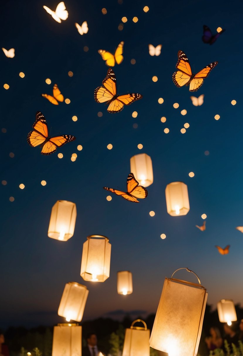 Lanterns and butterflies released into the night sky, symbolizing love and remembrance at a wedding memorial