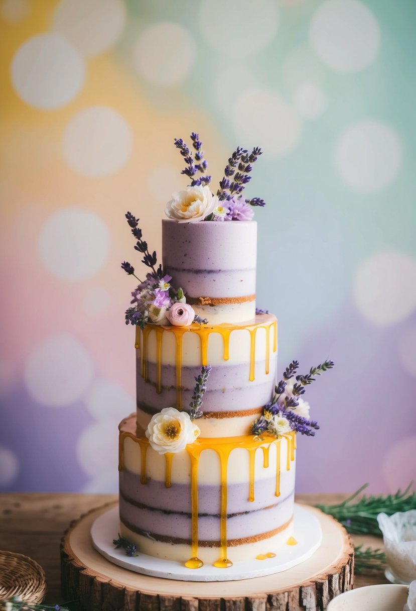 A three-tiered lavender and honey cake adorned with delicate flowers and drizzled with honey, set against a backdrop of soft pastel colors