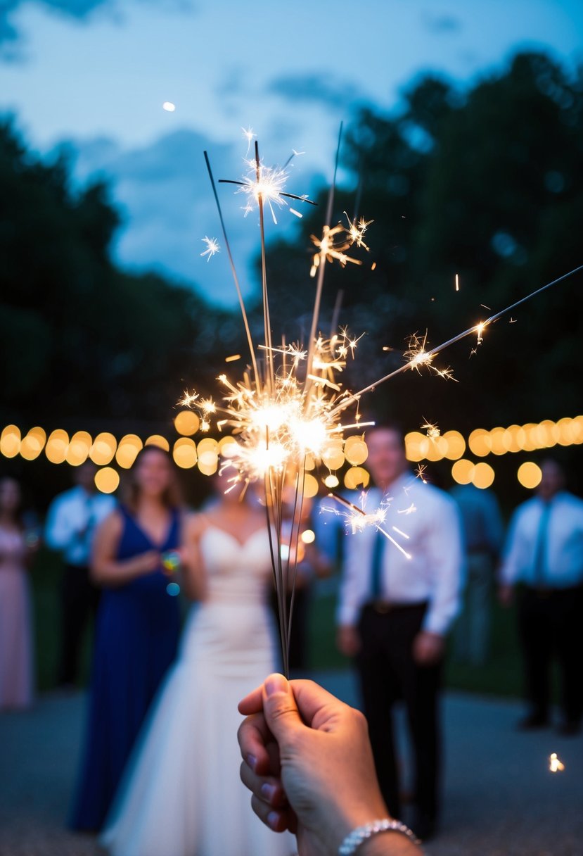 Colorful sparklers light up the night sky, creating a festive and celebratory atmosphere for a 4th of July wedding