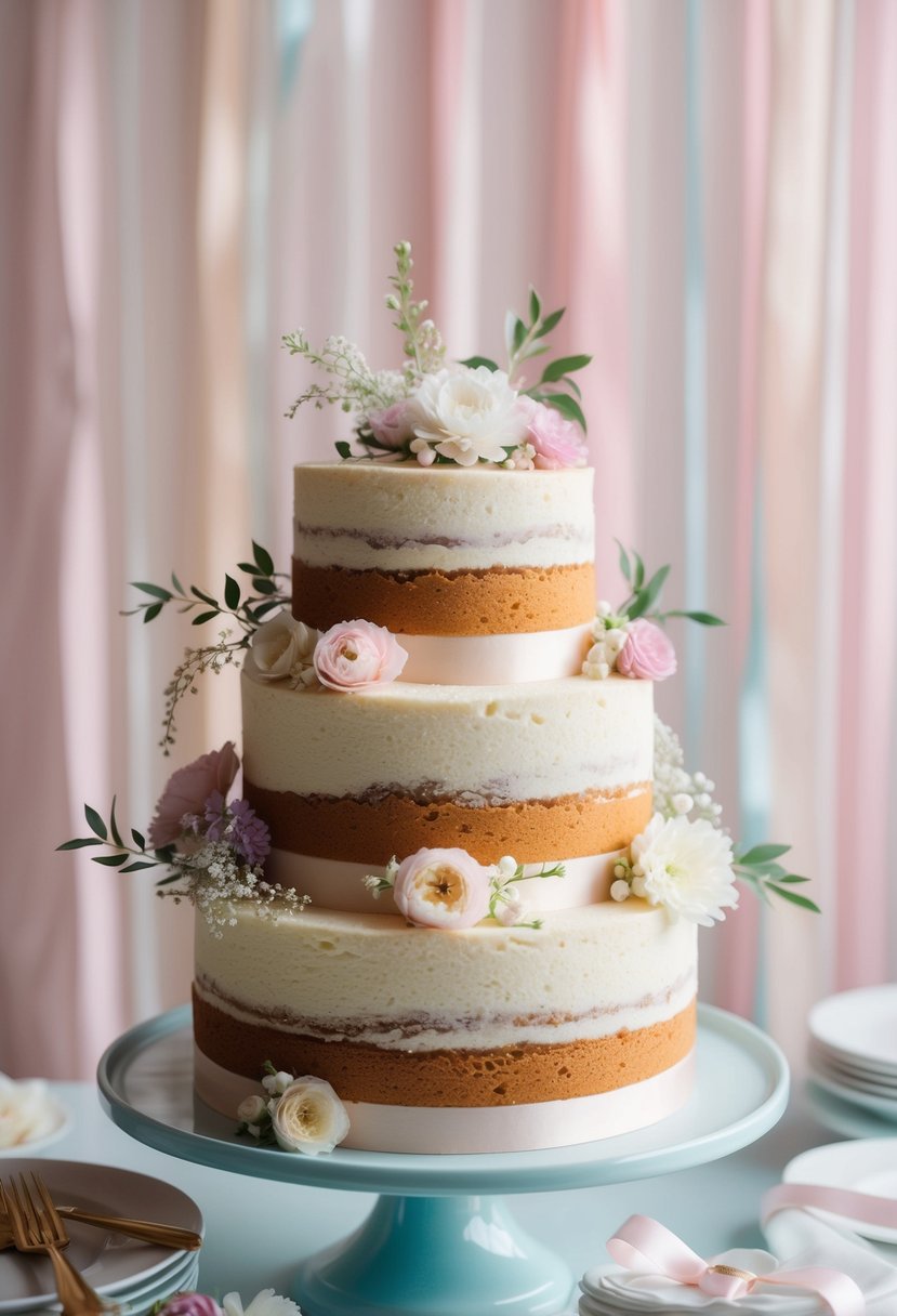 A three-tier sponge cake adorned with delicate flowers and ribbons, set against a backdrop of soft, pastel hues