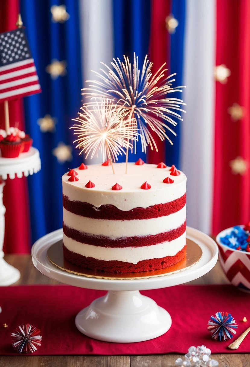 A red velvet cake adorned with a fireworks design, set against a festive 4th of July wedding backdrop