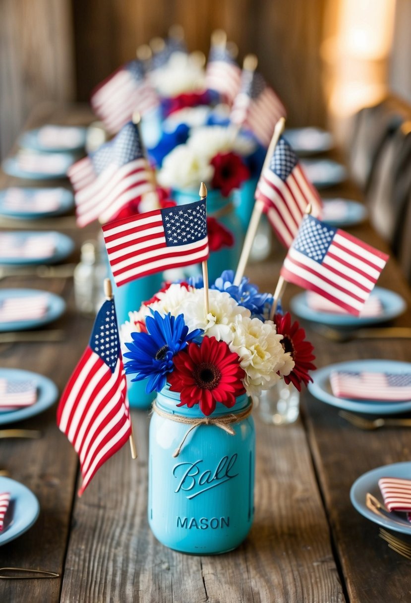 Mason jar centerpieces filled with red, white, and blue flowers and surrounded by miniature American flags on a rustic wooden table