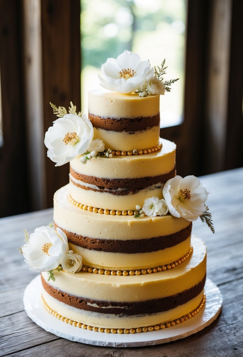 A three-tiered butter pecan cake adorned with delicate white flowers and gold accents, set on a rustic wooden table