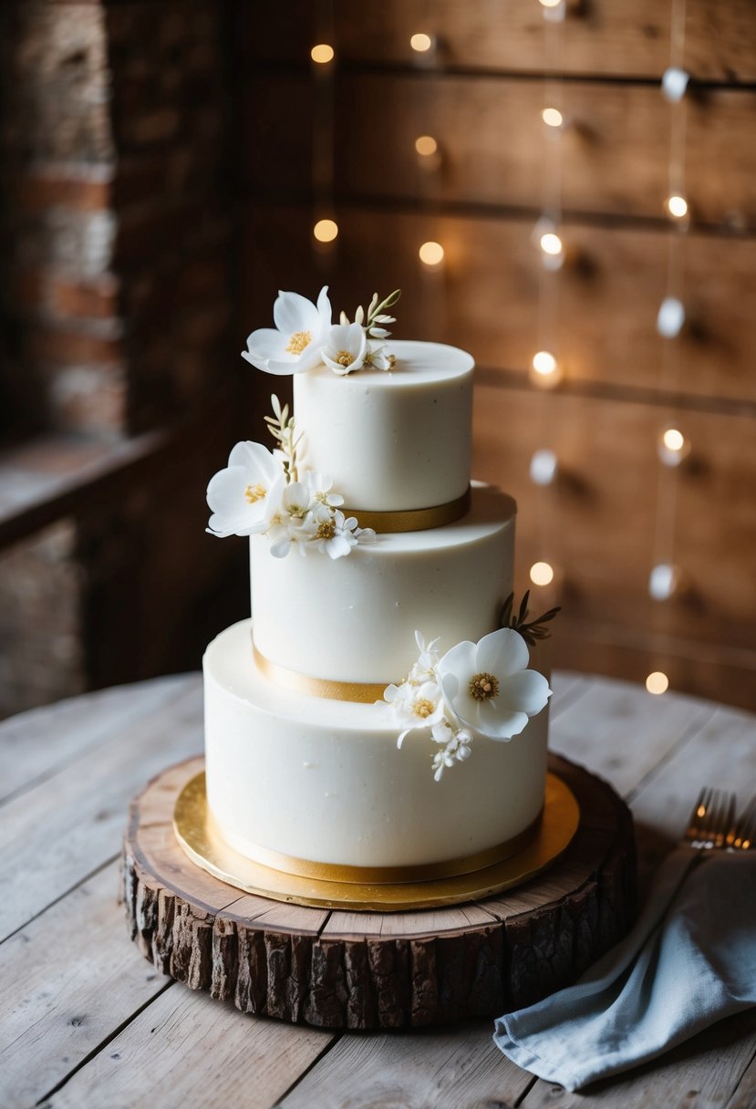 A three-tiered almond amaretto cake adorned with delicate white flowers and gold accents sits on a rustic wooden table