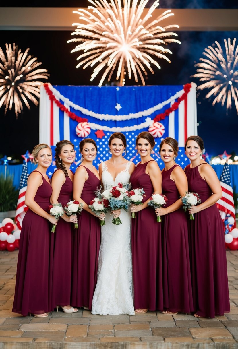 A group of bridesmaids in burgundy dresses stand in a festive 4th of July wedding setting, with patriotic decorations and fireworks in the background