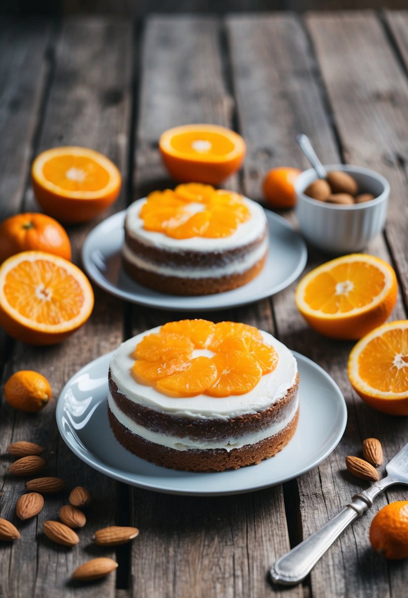 A rustic wooden table adorned with a simple yet elegant orange and almond cake, surrounded by fresh oranges and almond nuts