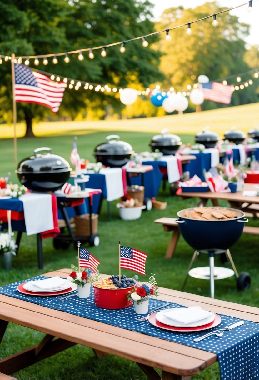 A festive outdoor wedding buffet with BBQ grills, picnic tables, string lights, and patriotic decorations