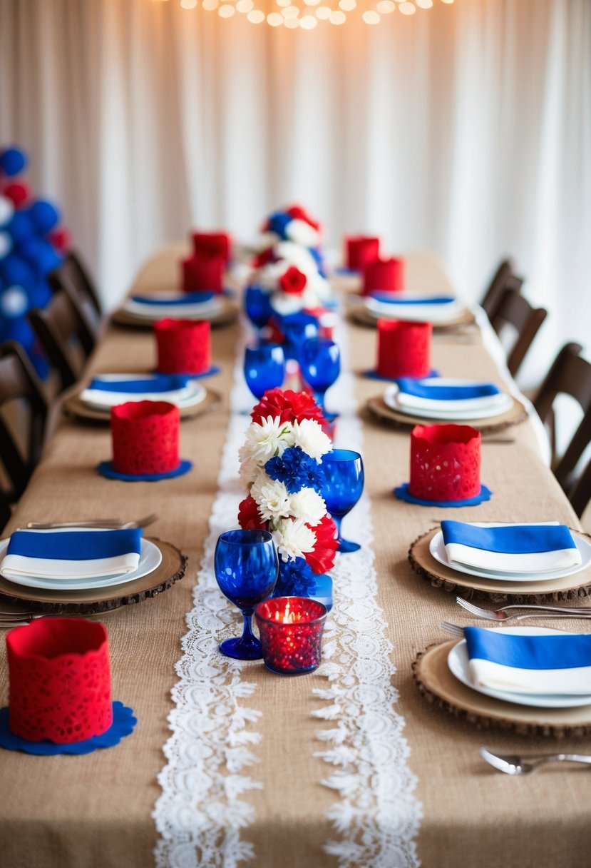 A rustic wedding table adorned with burlap and lace decor, set for a 4th of July celebration with red, white, and blue accents