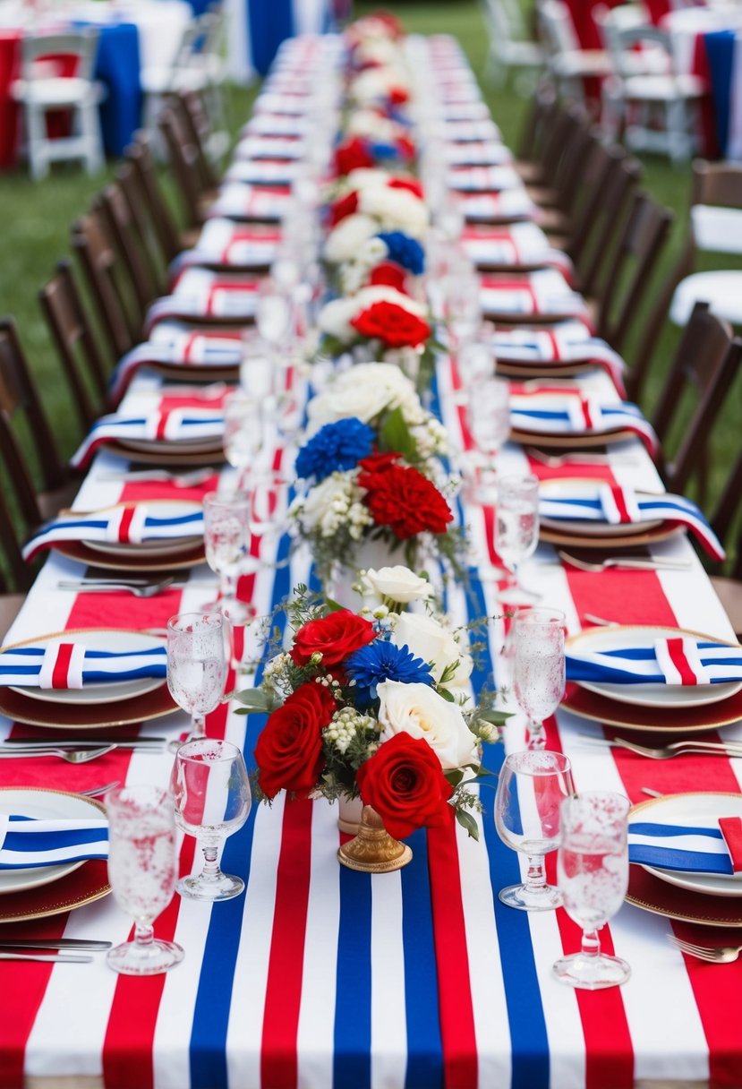 A long table adorned with red, white, and blue striped runners, set for a festive 4th of July wedding celebration