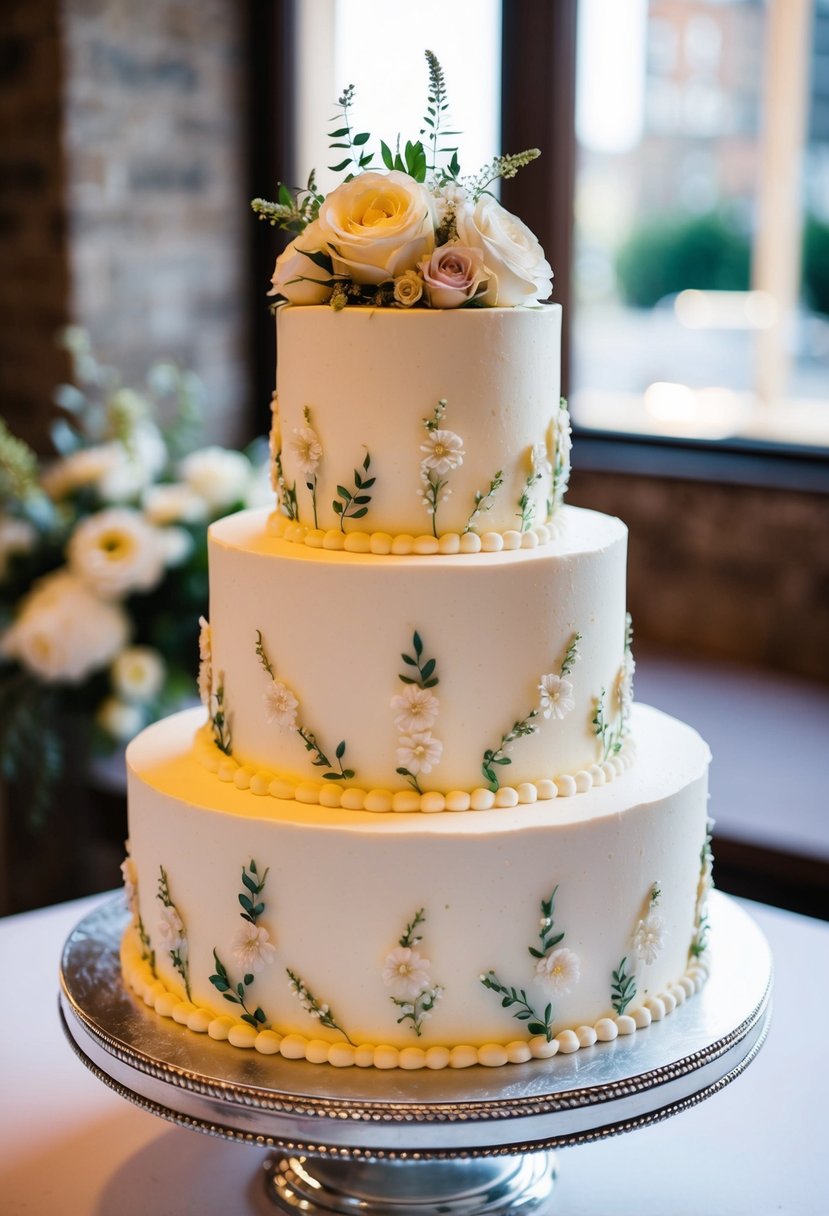 A three-tier square wedding cake adorned with intricate floral designs and delicate piping, sitting atop a silver cake stand