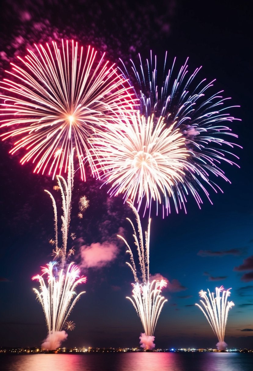 Vibrant bursts of fireworks illuminate the night sky, creating a dazzling display of colors and shapes for a 4th of July wedding finale