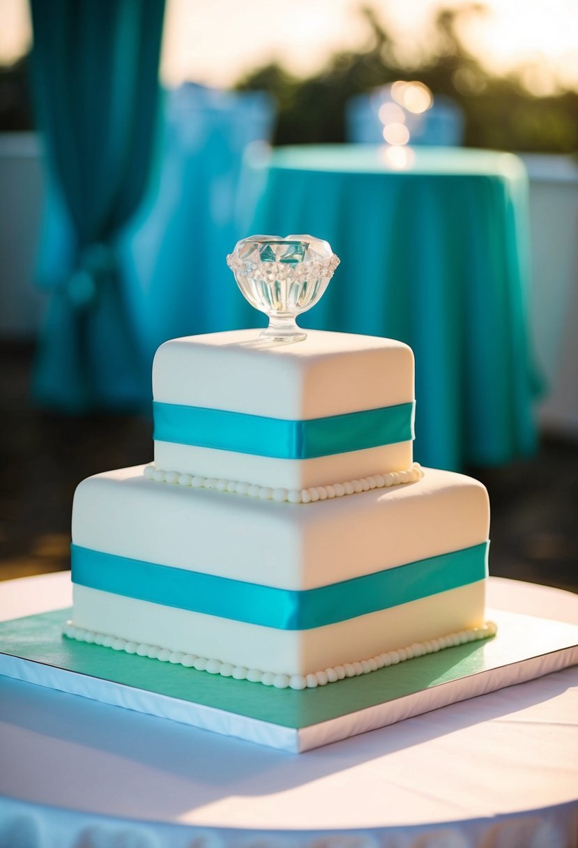 An elegant square cake adorned with a Tiffany Blue ribbon