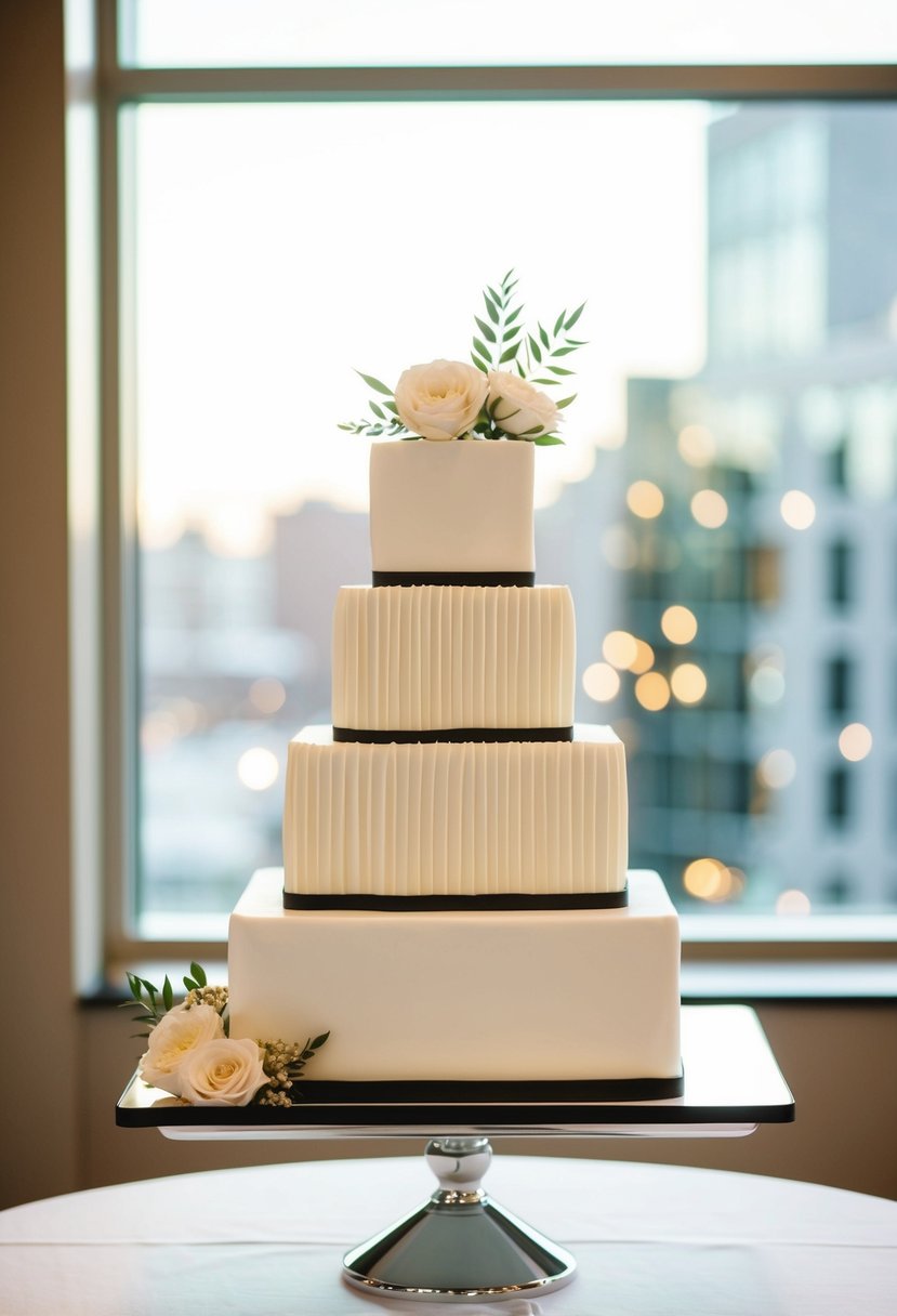 A geometric square wedding cake with sleek ruffles stands on a table, adorned with elegant decorations